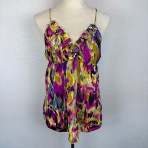 Y2K Charlotte Russe Women's Abstract Print Ruffle V Neck Back Tie Flowy Tank Top